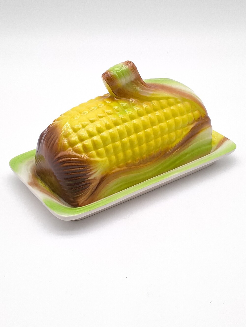 VTG Corn on the Cob Ceramic Butter Dish Lidded MCM Japan Majolica Style